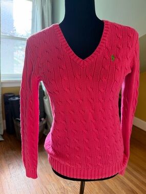 Ralph Lauren Hot Pink Cable‑Knit V‑Neck Sweater